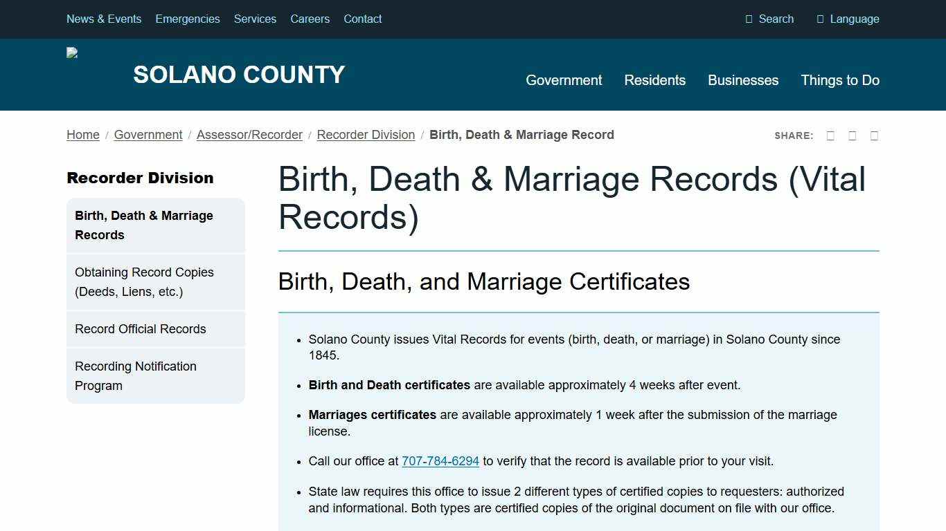 Birth, Death & Marriage Records (Vital Records) Solano County, California